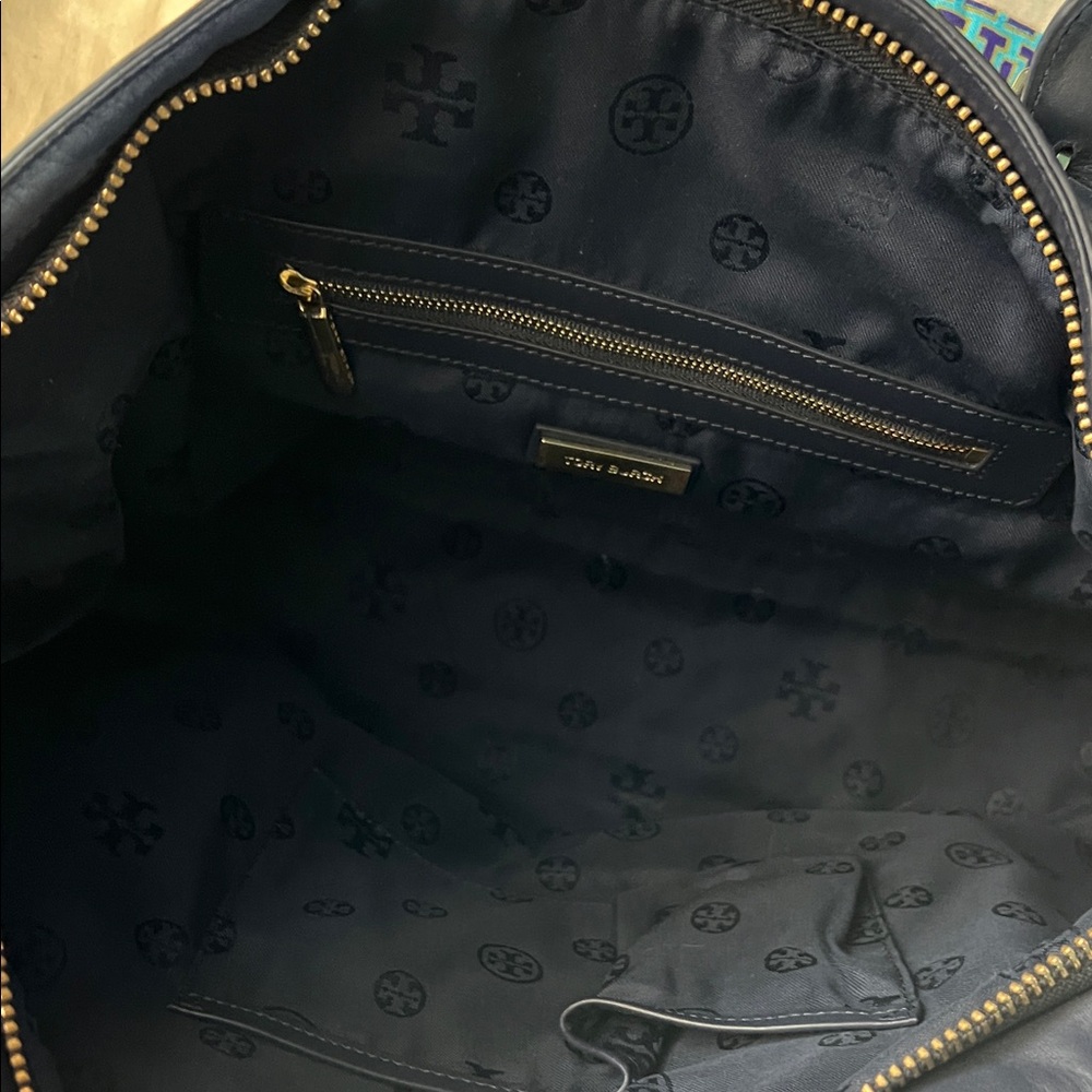 Tory Burch Navy and Green Patterned Fabric Tote with Leather Trim - Picture 5 of 6